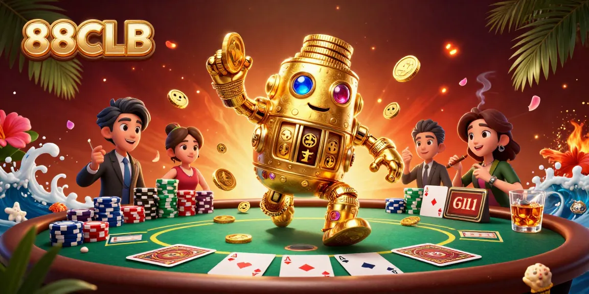 Engaging 88CLB casino illustration showcasing a golden golem with mesmerizing slot symbols