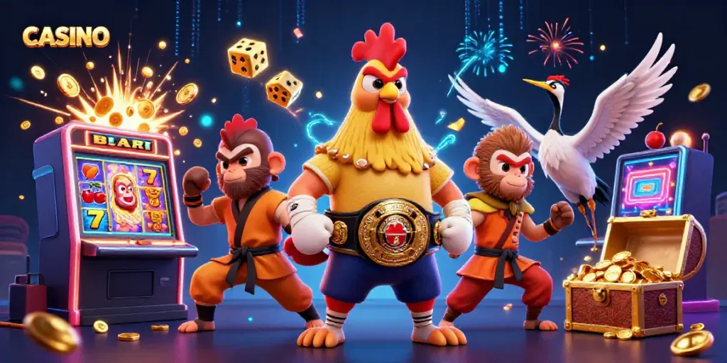 Winning at the CASINO with vibrant characters and thrilling game elements surrounding them.