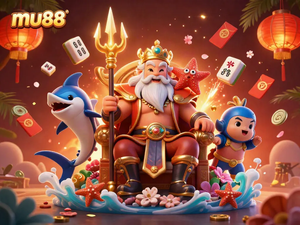 Experience the thrill at mu88 casino with Neptune and samurai in a vibrant, colorful 3D scene.