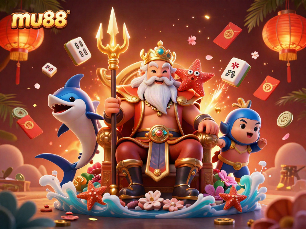 Experience the thrill at mu88 casino with Neptune and samurai in a vibrant, colorful 3D scene.