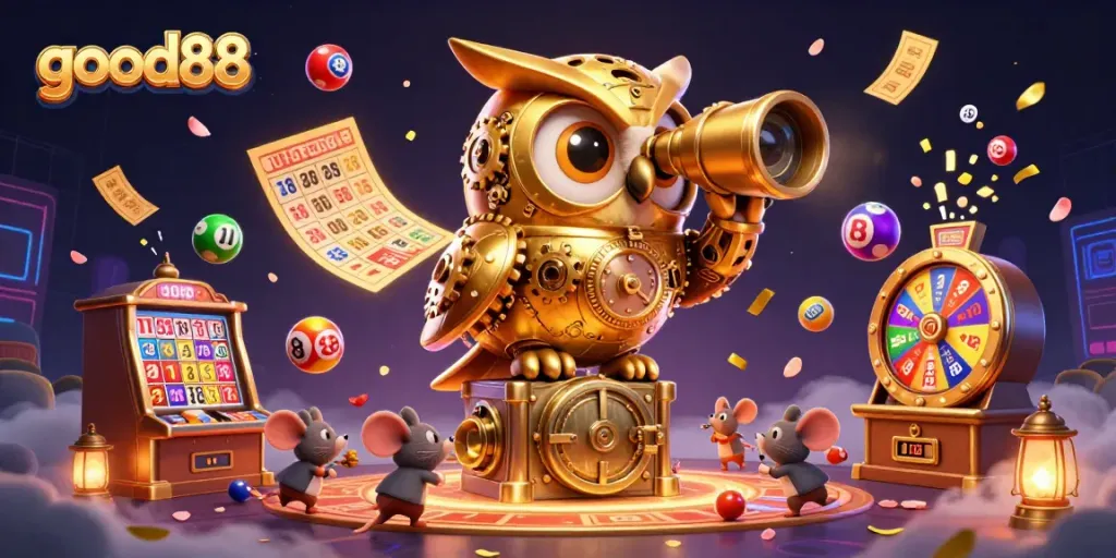 Experience the excitement at good88 with a vibrant casino scene featuring cartoon owl and game activities.