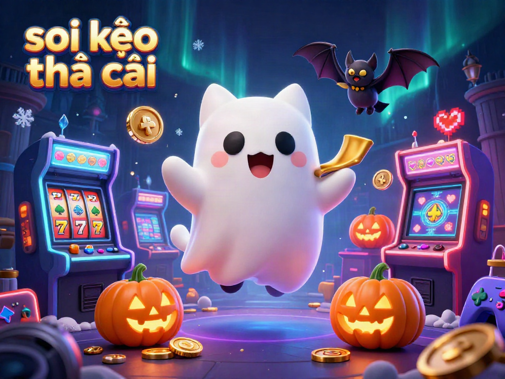 Soi kèo nhà cái showcases an enchanting scene with a ghost cat and bat in a haunted casino.