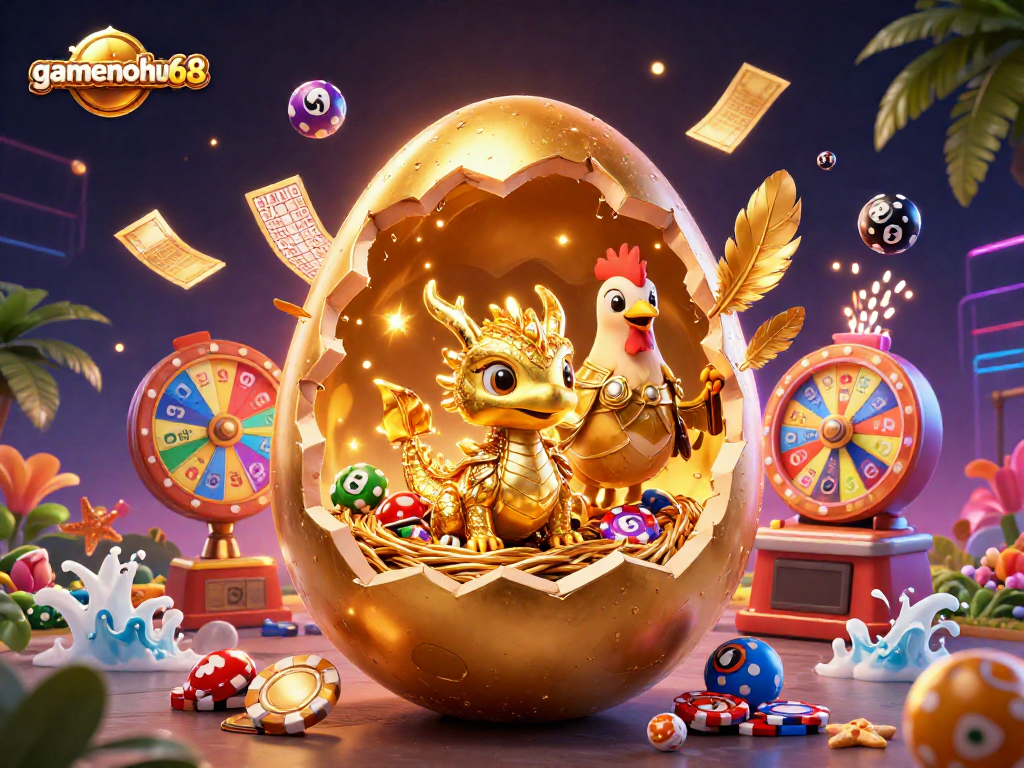 Experience gamenohu68 with a golden dragon guarding poker chips amidst dynamic lottery elements.