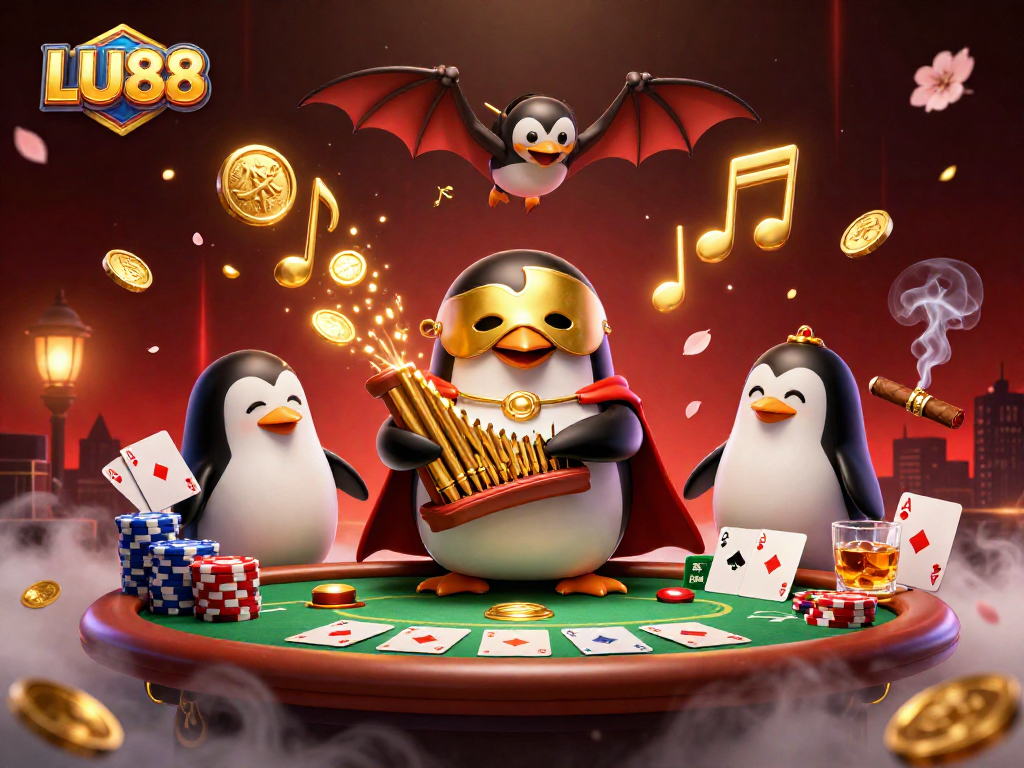 LU88 casino scene with a cartoon penguin playing the organ amidst golden coins and poker elements.