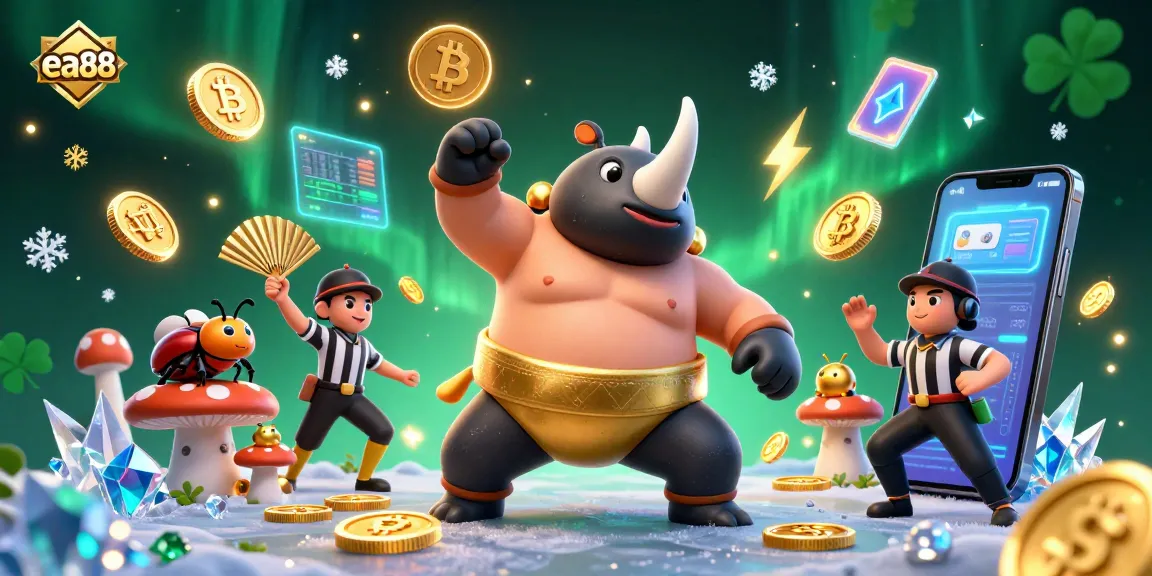 Experience fun with ea88 as golden coins fly from a cartoon beetle champion in an exciting casino scene.