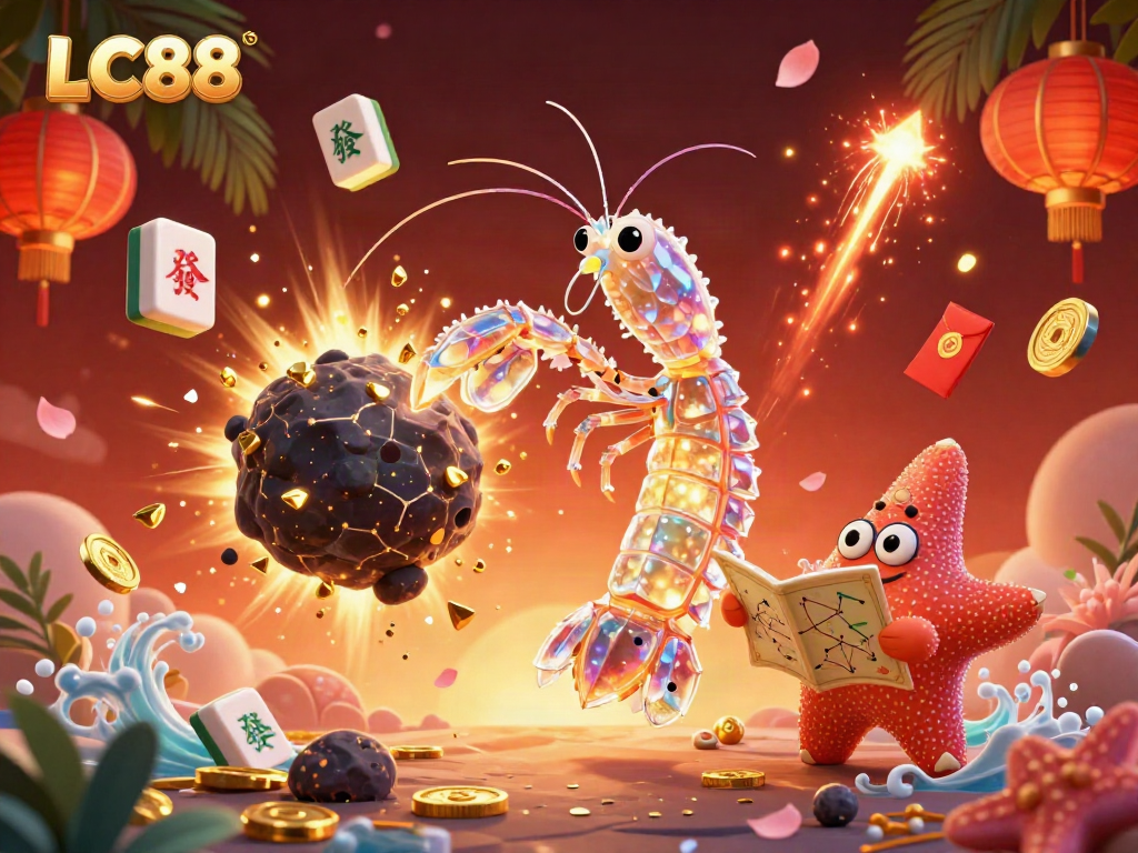 LC88 showcases an energetic 3D cartoon portrayal of a galactic samurai mantis shrimp amidst explosions of golden gems, filled with fortune.