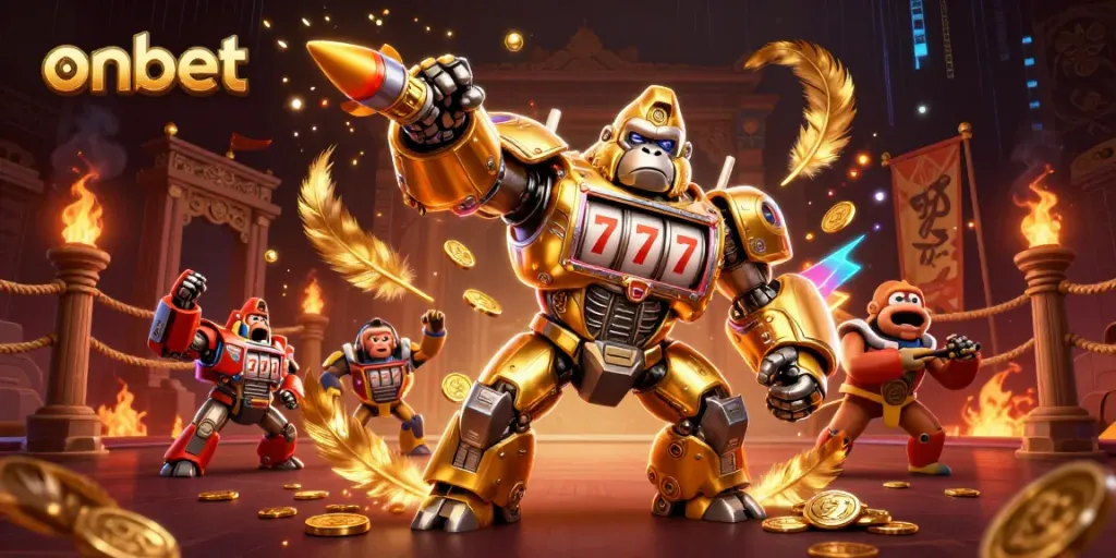 Engage with onbet’s dynamic 3D golden gorilla mech amidst a vibrant casino scene.