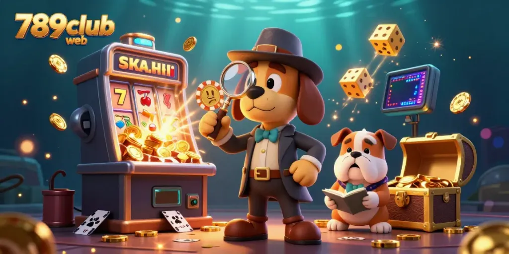 Engage in thrilling gameplay at 789club web with a vibrant illustration showcasing a detective and treasure clues in a dynamic casino scene.