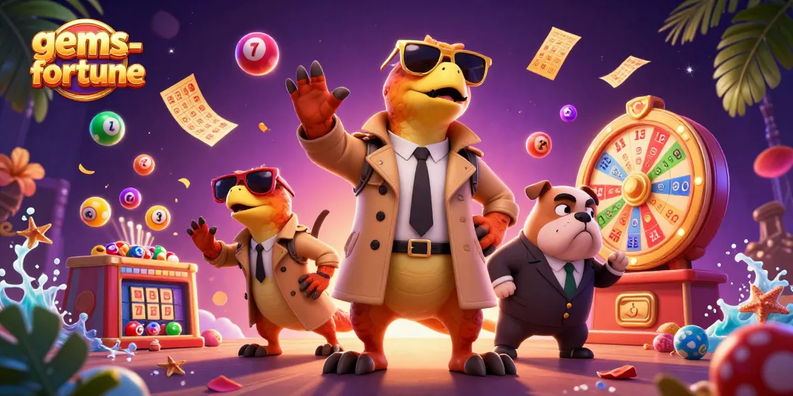 See raptors in a trench coat attempting entry at gems-fortune VIP, surrounded by dynamic lottery elements.
