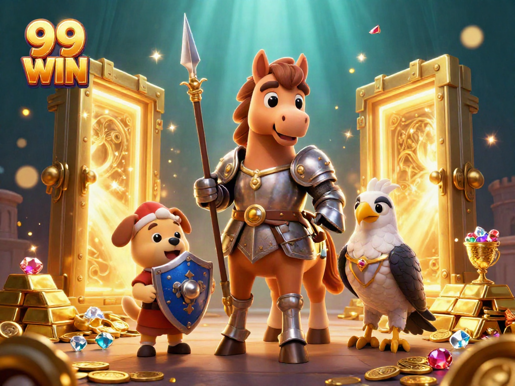 Engaging 99 WIN casino scene featuring knight, puppy, and falcon amid treasures.