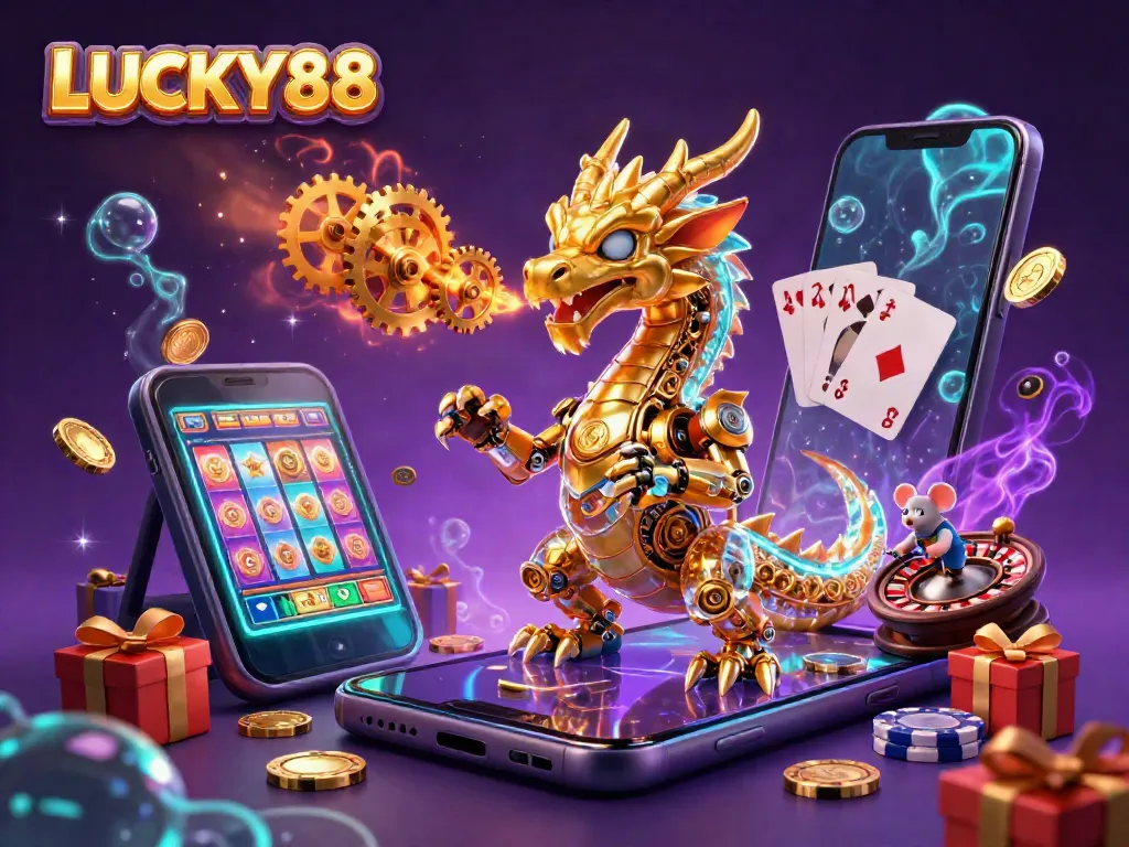 LUCKY88 showcases a golden dragon and engineer amid casino elements, highlighting vibrant gaming excitement.