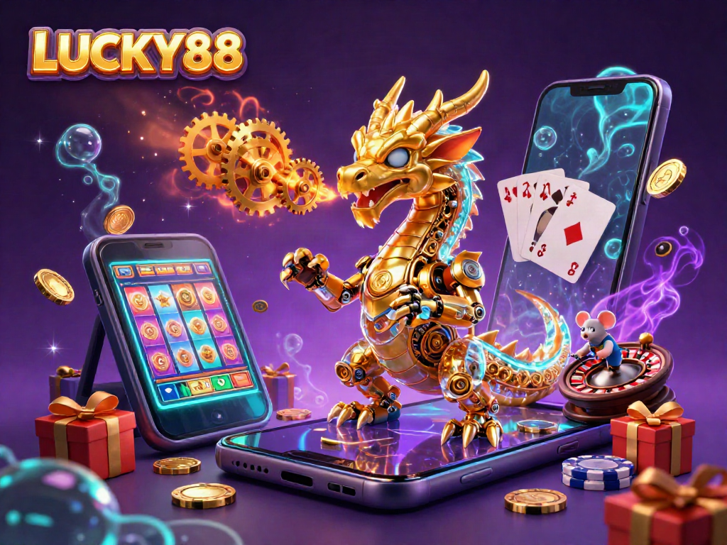 LUCKY88 showcases a golden dragon and engineer amid casino elements, highlighting vibrant gaming excitement.