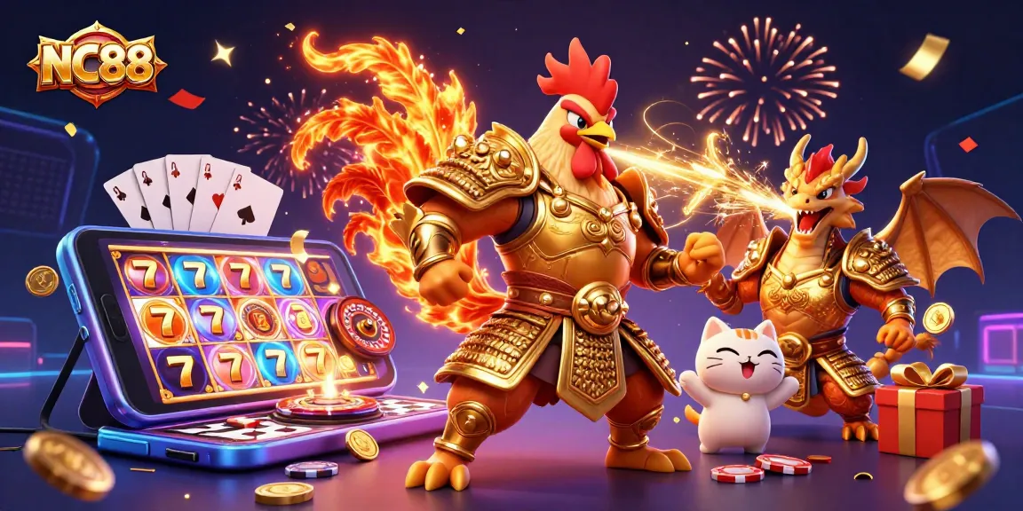 Experience the excitement of NC88 with a dynamic betting scene featuring a samurai rooster and dragon!