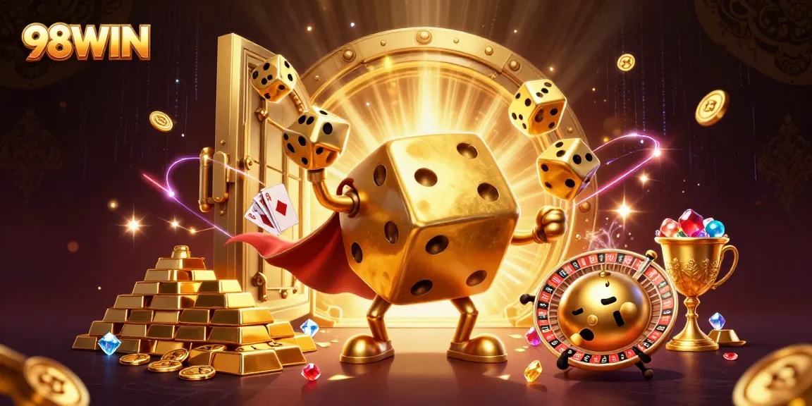 Join the excitement of 98WIN with a dynamic 3D casino-themed illustration showcasing gaming elements.