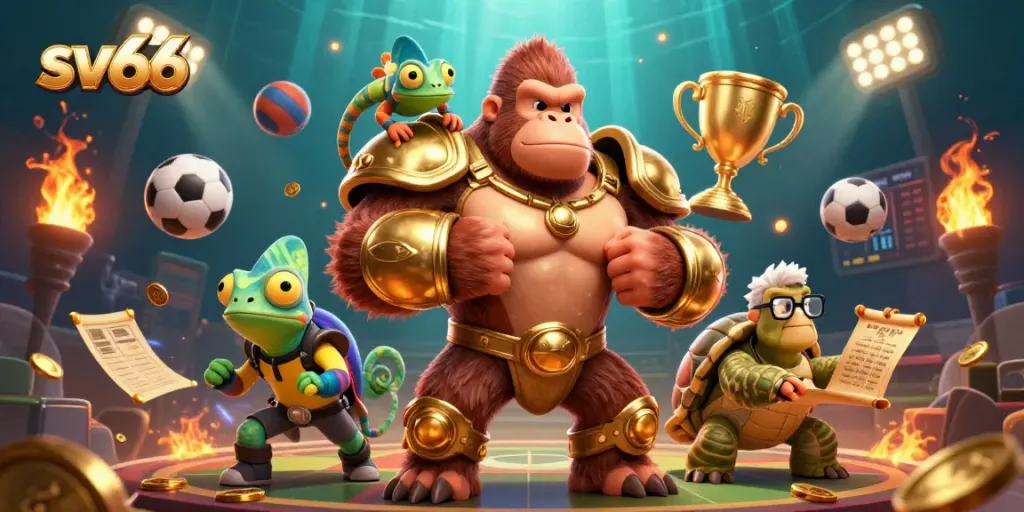 Engage with sv66 as the gorilla king showcases victory in an exciting gambling scene filled with sports elements.