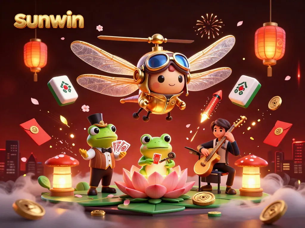 Experience vibrant casino action with sunwin as a dragonfly pilot hovers above a lily pad casino, featuring dynamic card games and music.