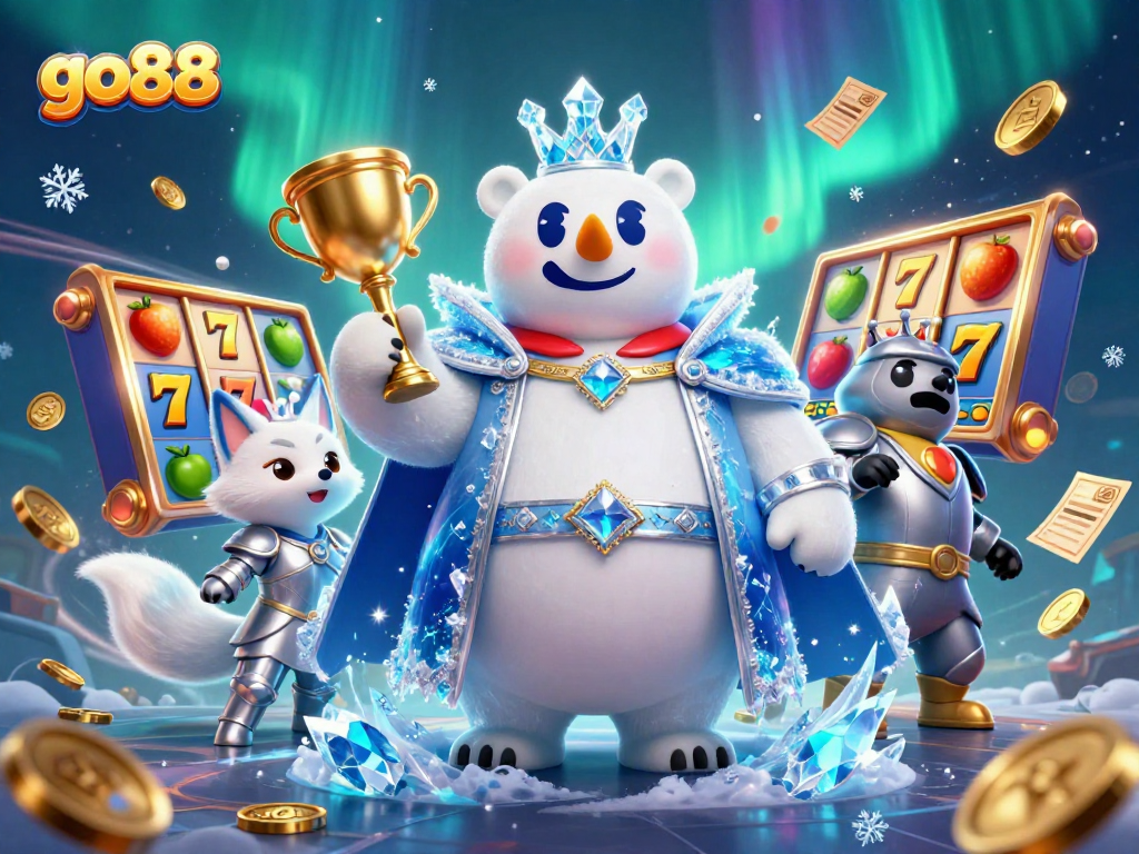 Engage with go88's online slots featuring a dazzling ice king polar bear, jackpot symbols, and golden coins.