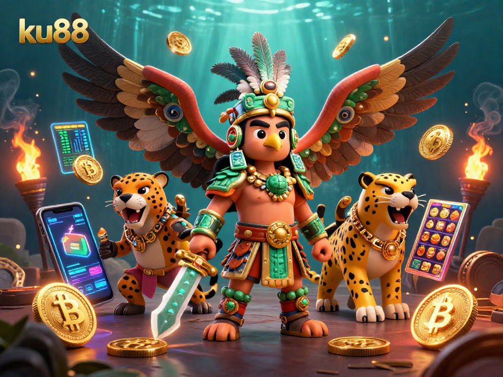 Engage in thrilling slots action at ku88 with an Aztec warrior and crypto elements!