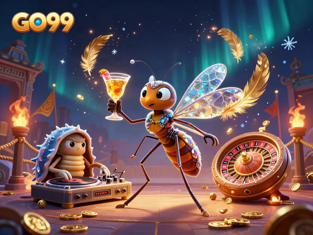 Experience the thrill of GO99 with casino-themed characters in a vibrant 3D illustration.