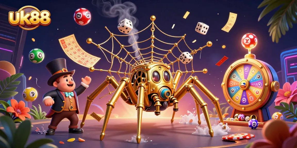 Win big with uk88's thrilling casino adventure featuring a golden spider web and lucky charms.