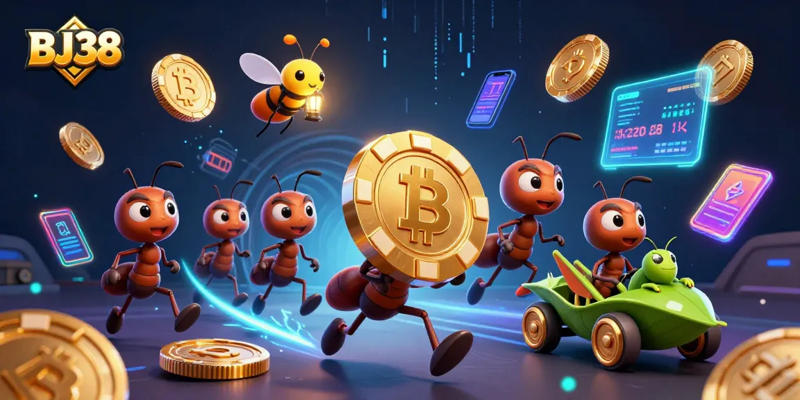 BJ38 heist scene with cartoon ants, golden poker chip, and crypto elements