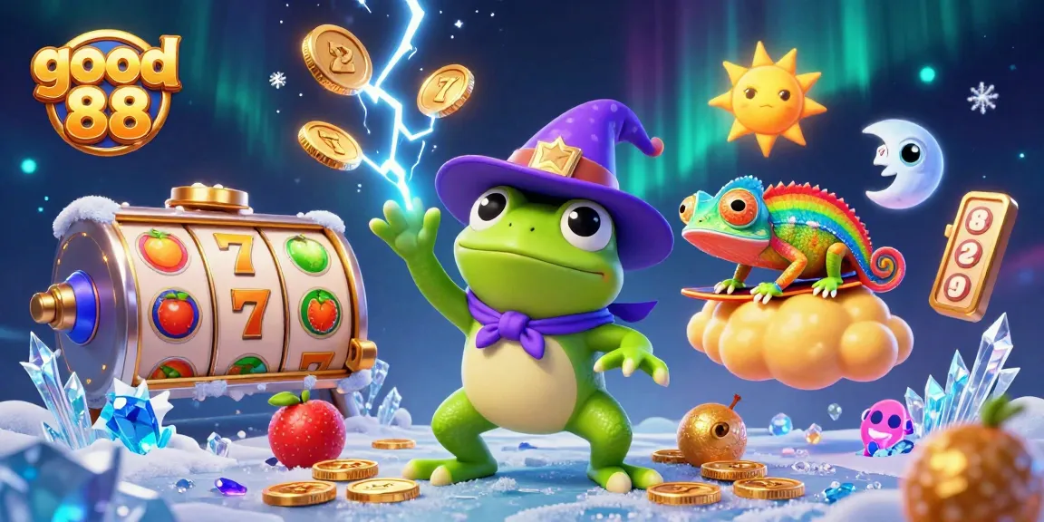 Experience the excitement of good 88 with golden coins, vibrant slot reels, and fantasy characters.