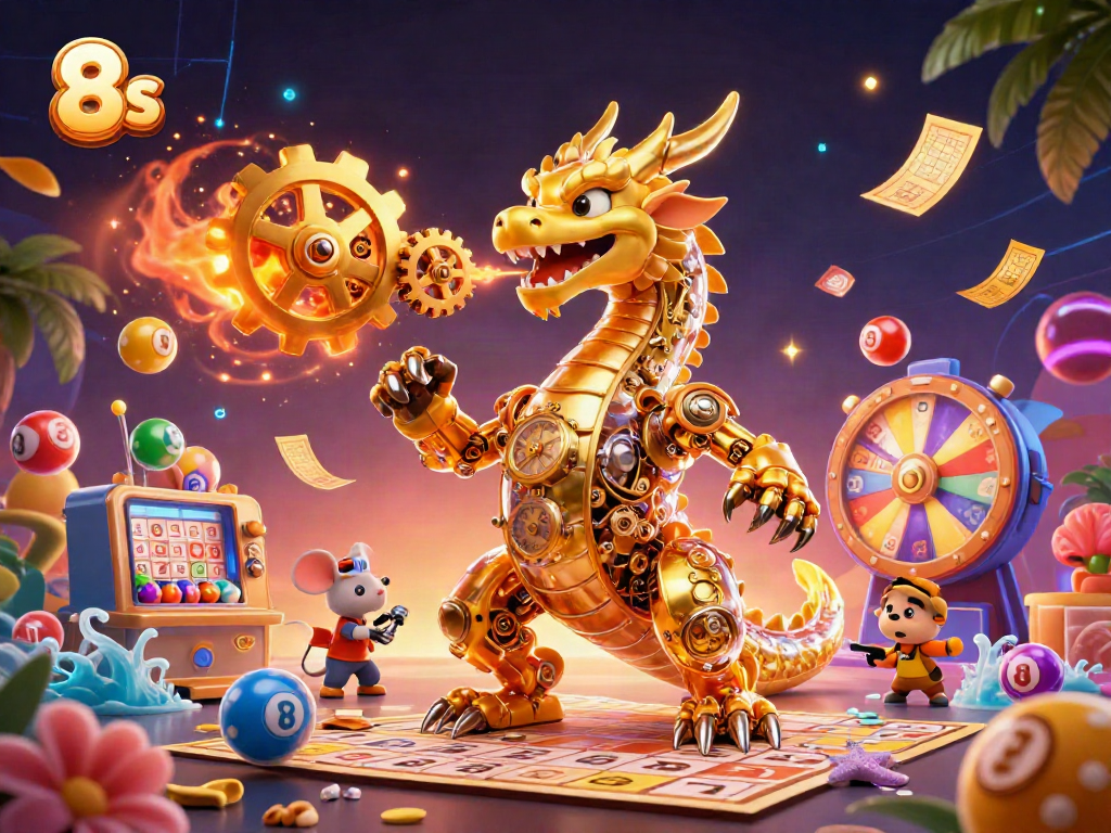 Experience thrilling casino moments with 8s, illustrated by a golden dragon amid vibrant game elements.