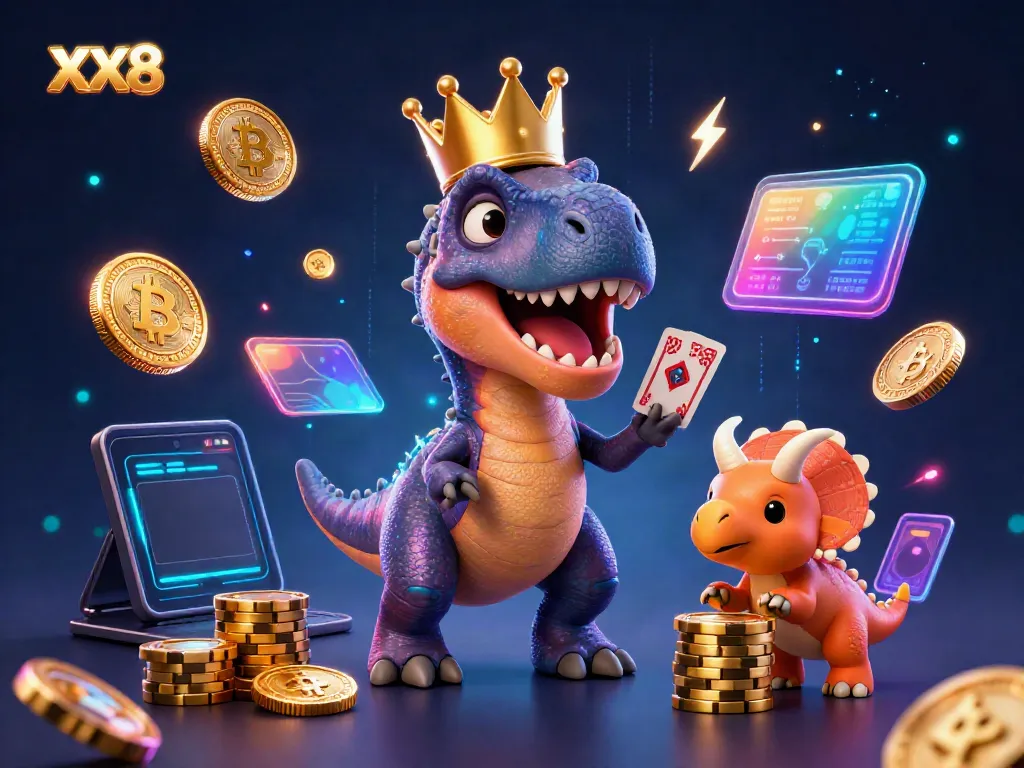 Experience thrilling XX8 games as a T-Rex shuffles cards and a triceratops stacks chips.