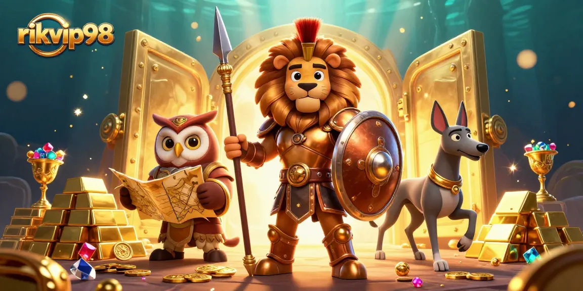 Experience thrilling gaming at rikvip98 with a vibrant 3D illustration showcasing excitement and treasures.
