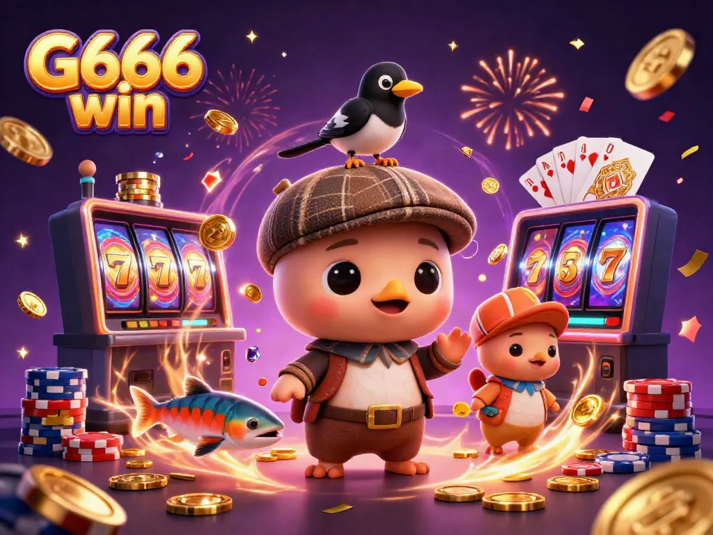 Experience the excitement of G666 win with a dynamic casino-themed illustration featuring fun characters.