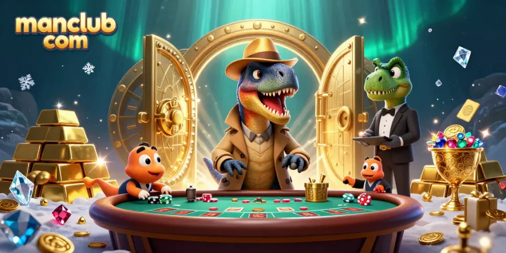 Experience high-stakes gaming at manclub com with a velociraptor card counter at a blackjack table.