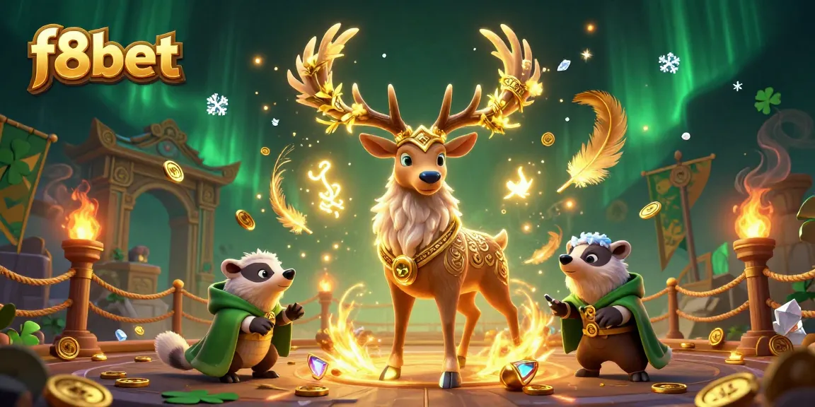 Win big with f8bet as a Celtic druid stag, wise badger, and mystical lights celebrate casino excitement.