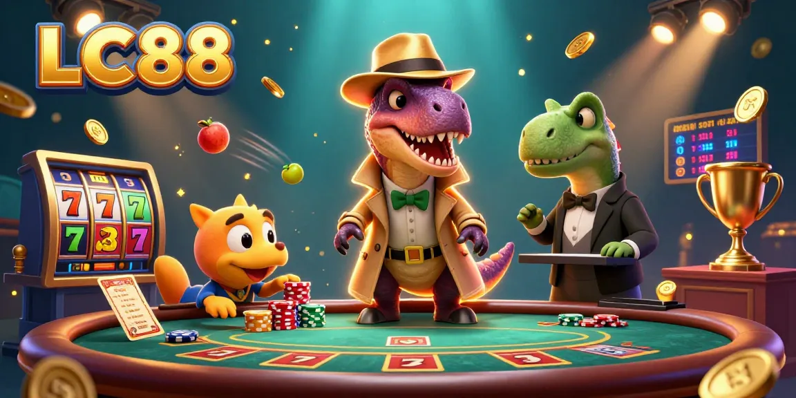 LC88 velociraptor card counter and stegosaurus pit boss creating a lively casino scene.