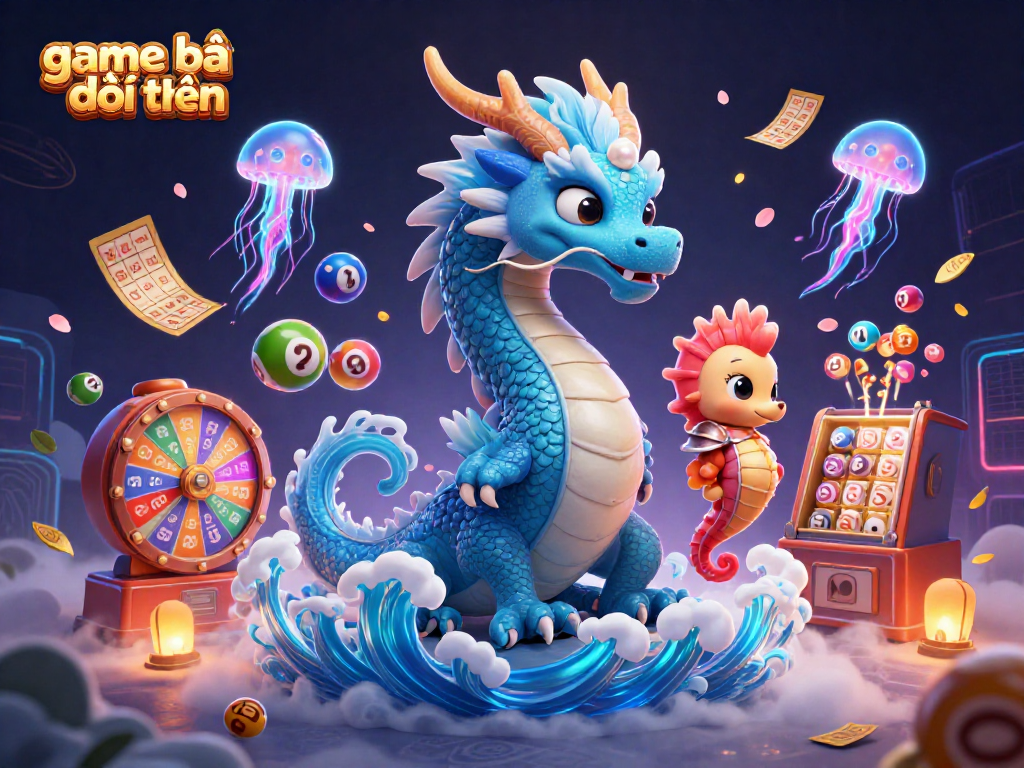 Engage with game bài đổi thưởng through a vibrant 3D illustration featuring an azure water dragon and dynamic lottery elements.