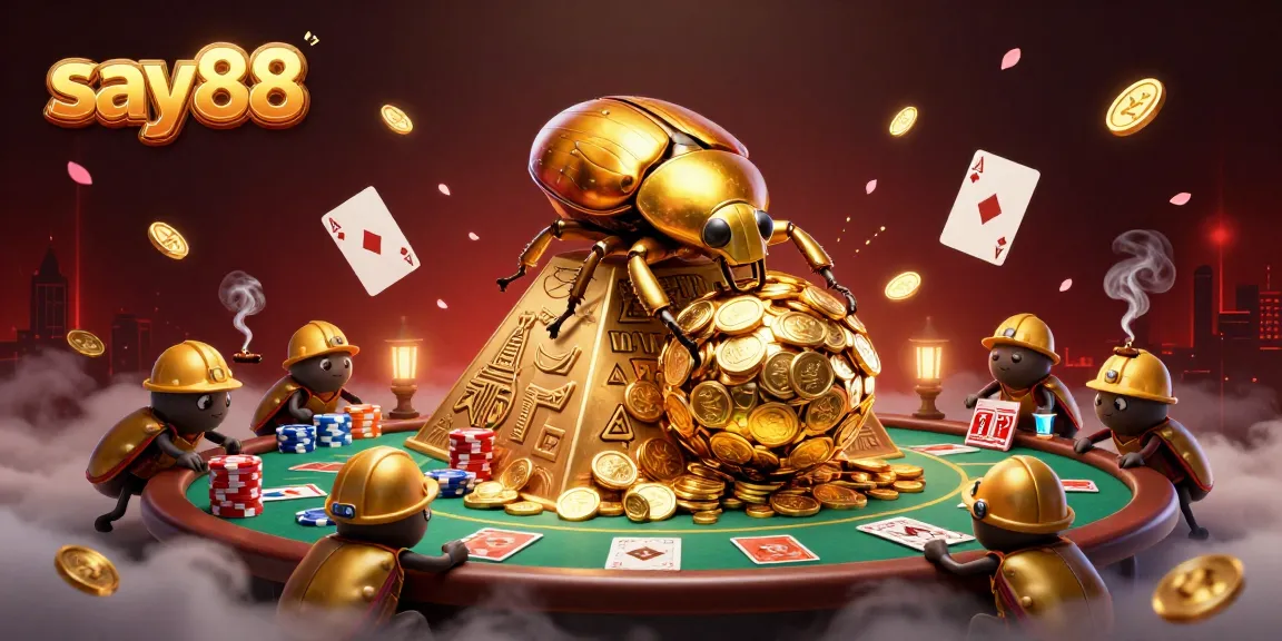 Experience say88 with a vibrant scene of a golden dung beetle amidst poker elements and casino excitement.
