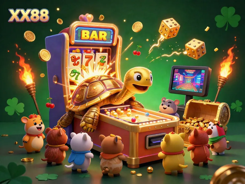 Experience the excitement of XX88 with a vibrant illustration featuring a giant golden tortoise pinball machine, small animals waiting, and dynamic casino elements.