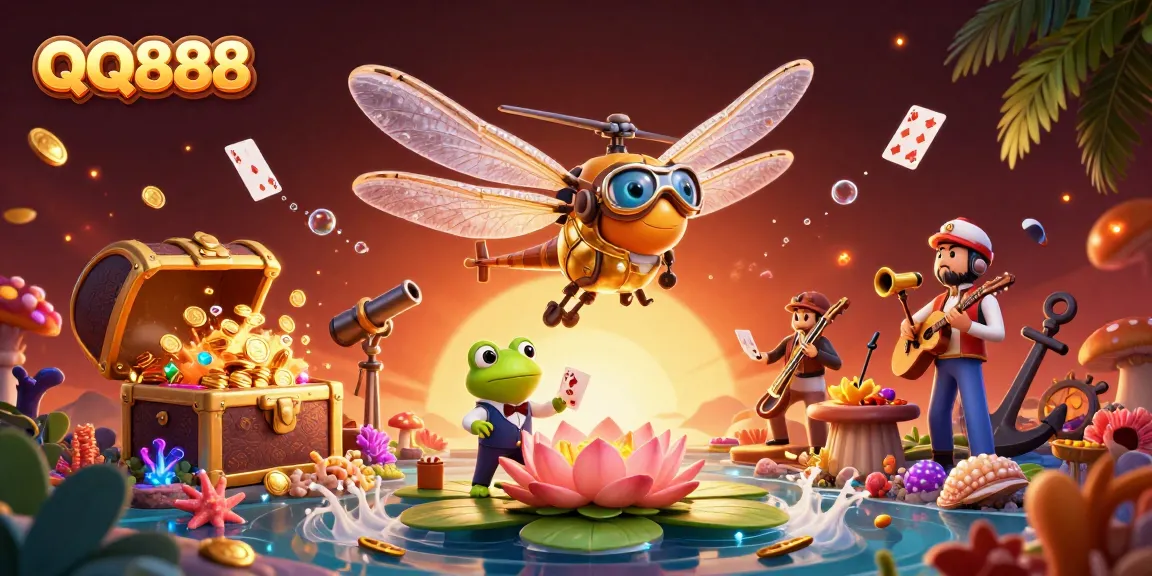 Experience thrilling gaming action at QQ888 with a vibrant, colorful 3D casino scene.
