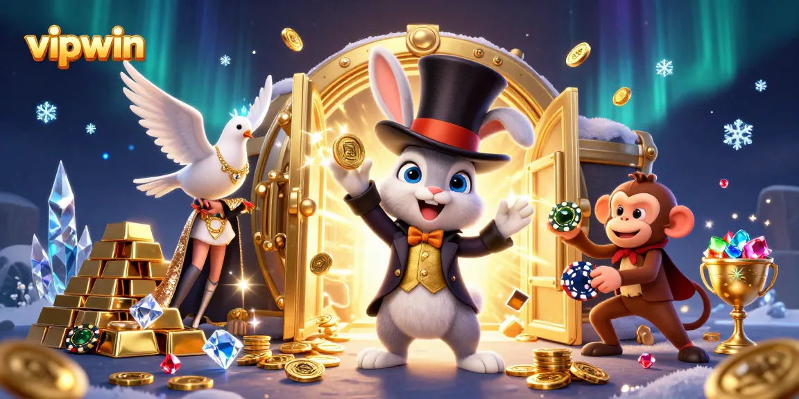 Experience thrilling wins at vipwin with a magical 3D casino scene featuring coins, gems, and vibrant characters.