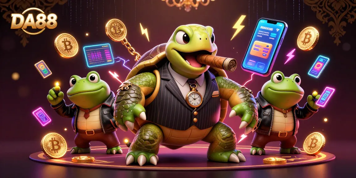 Experience DA88 in an energetic casino scene with cartoon characters, Bitcoin, and neon elements.