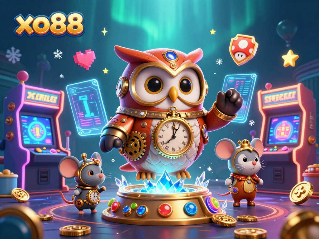 Play with xo88 in this vibrant casino scene featuring a time-traveler owl amidst exciting gaming elements.