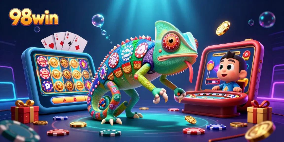 Experience thrilling games and winnings at 98win with vibrant 3D casino illustration.