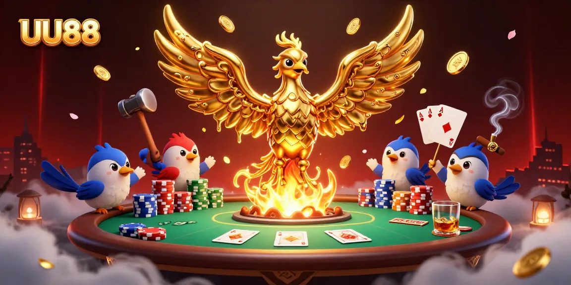UU88 phoenix ignites excitement with poker chips and golden coins flowing, symbolizing winning moments.