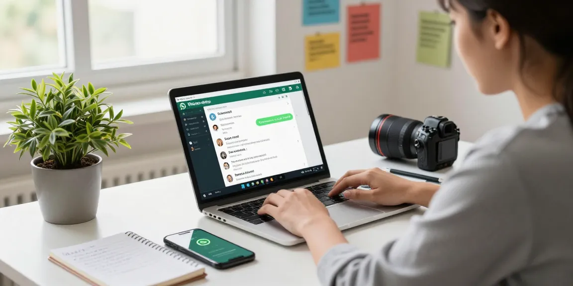 Using WhatsApp電腦版 in a cozy home office setting with a laptop, notebook, and smartphone.