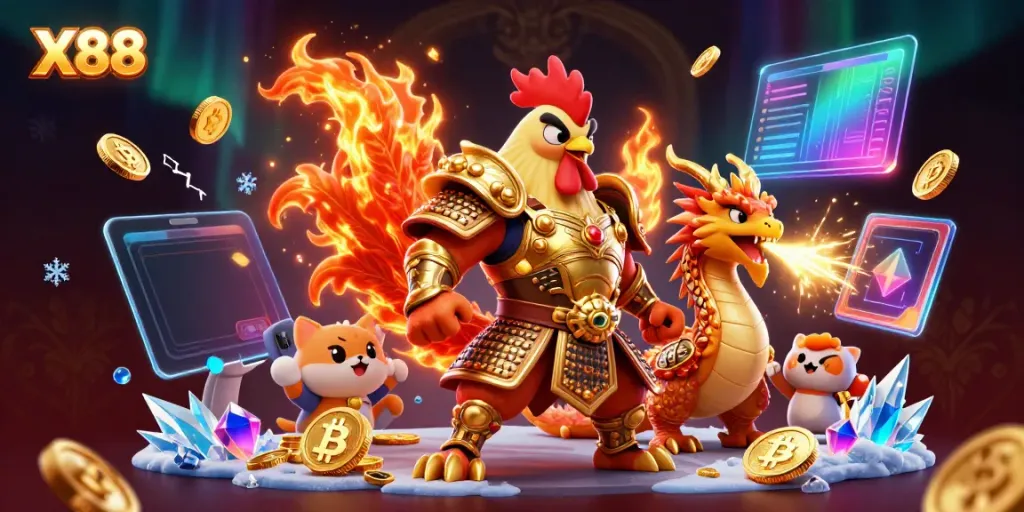 X88 brings excitement to online gaming with a vibrant 3D cartoon scene featuring unique characters and crypto elements.