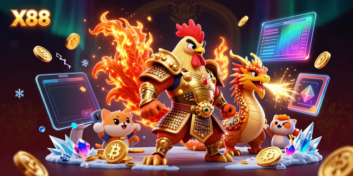 X88 brings excitement to online gaming with a vibrant 3D cartoon scene featuring unique characters and crypto elements.