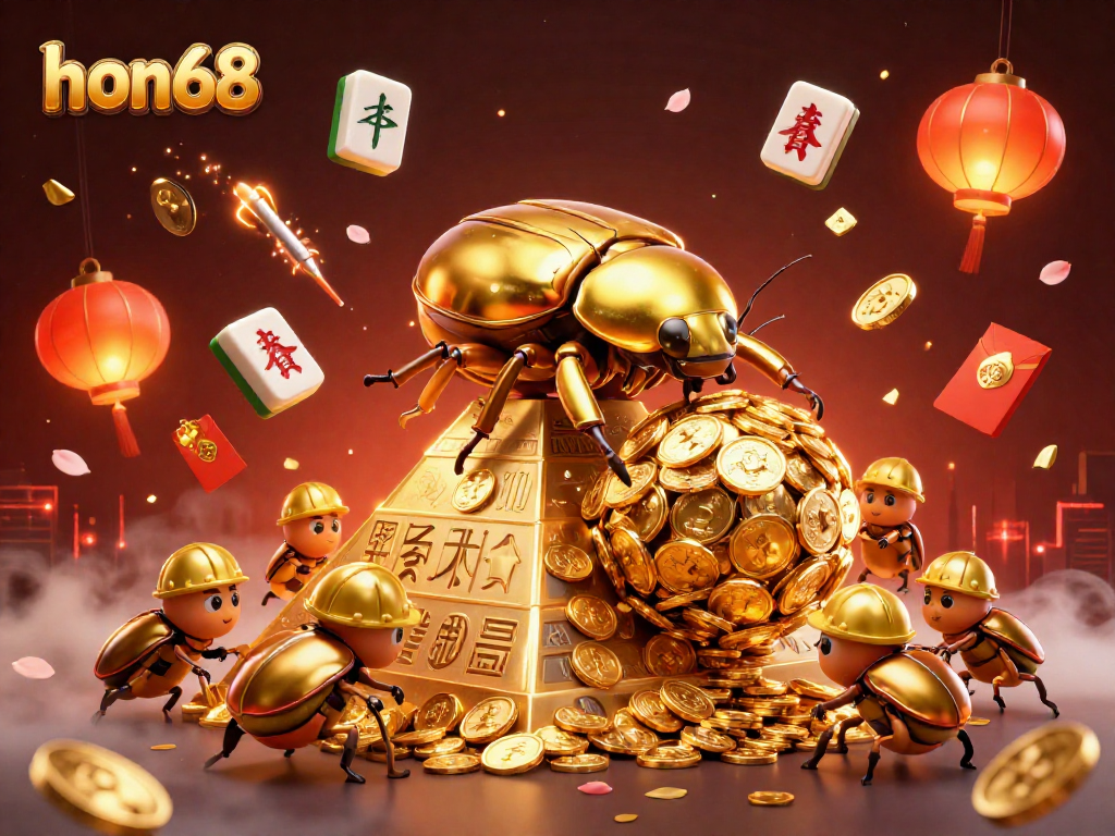 hon68 engages players with an energetic scene featuring golden beetles amidst casino symbols, celebrating luck and excitement.
