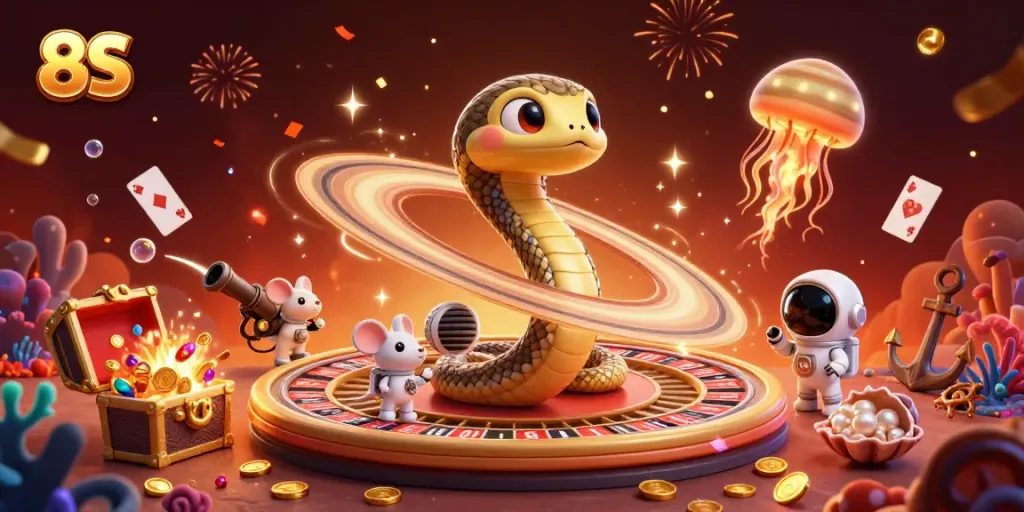 Immerse in 8S gambling action with vibrant cosmic scenes of casino fun and excitement.