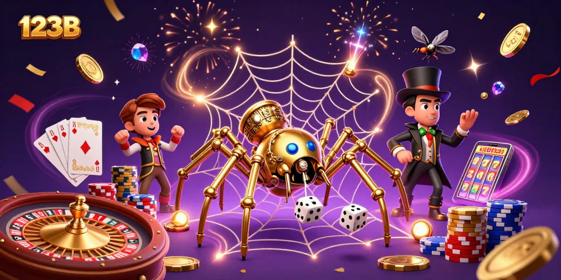 Engage with 123B's captivating casino world featuring a golden spider, coins, and dazzling game elements.