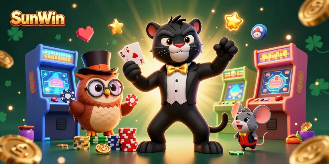 Experience SunWin's vibrant gambling atmosphere with a stylish panther dealer and whimsical characters.