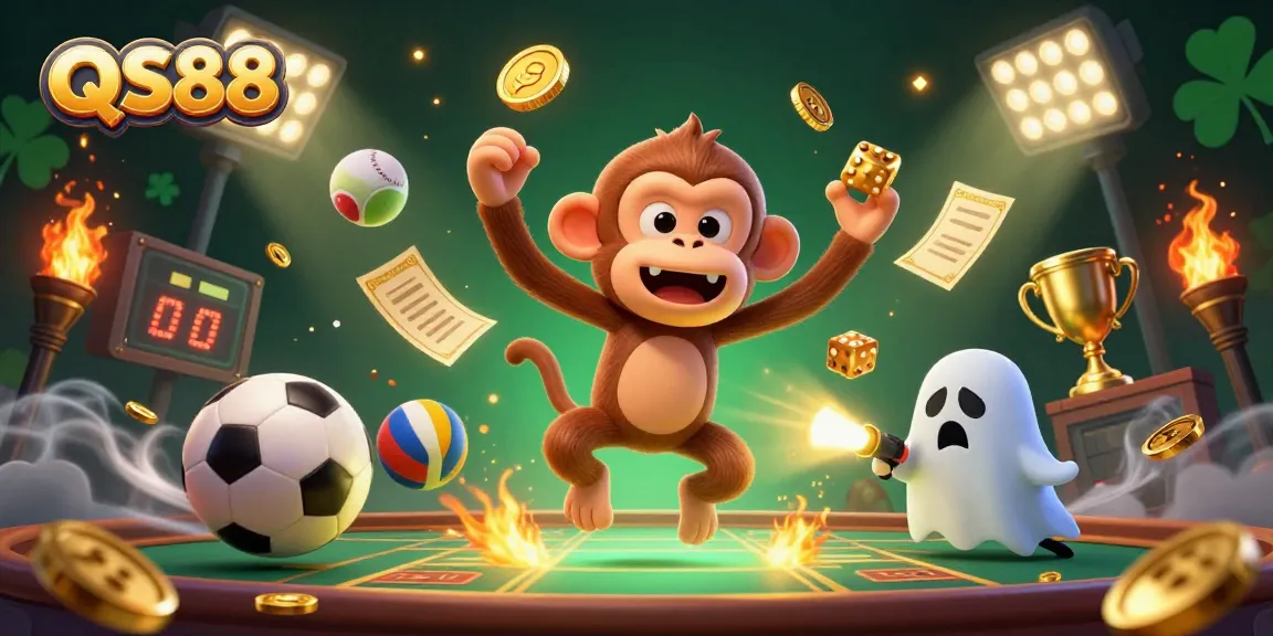 Experience the thrill of QS88 with a playful poltergeist monkey and a ghost-hunter puppy in a dynamic casino scene.